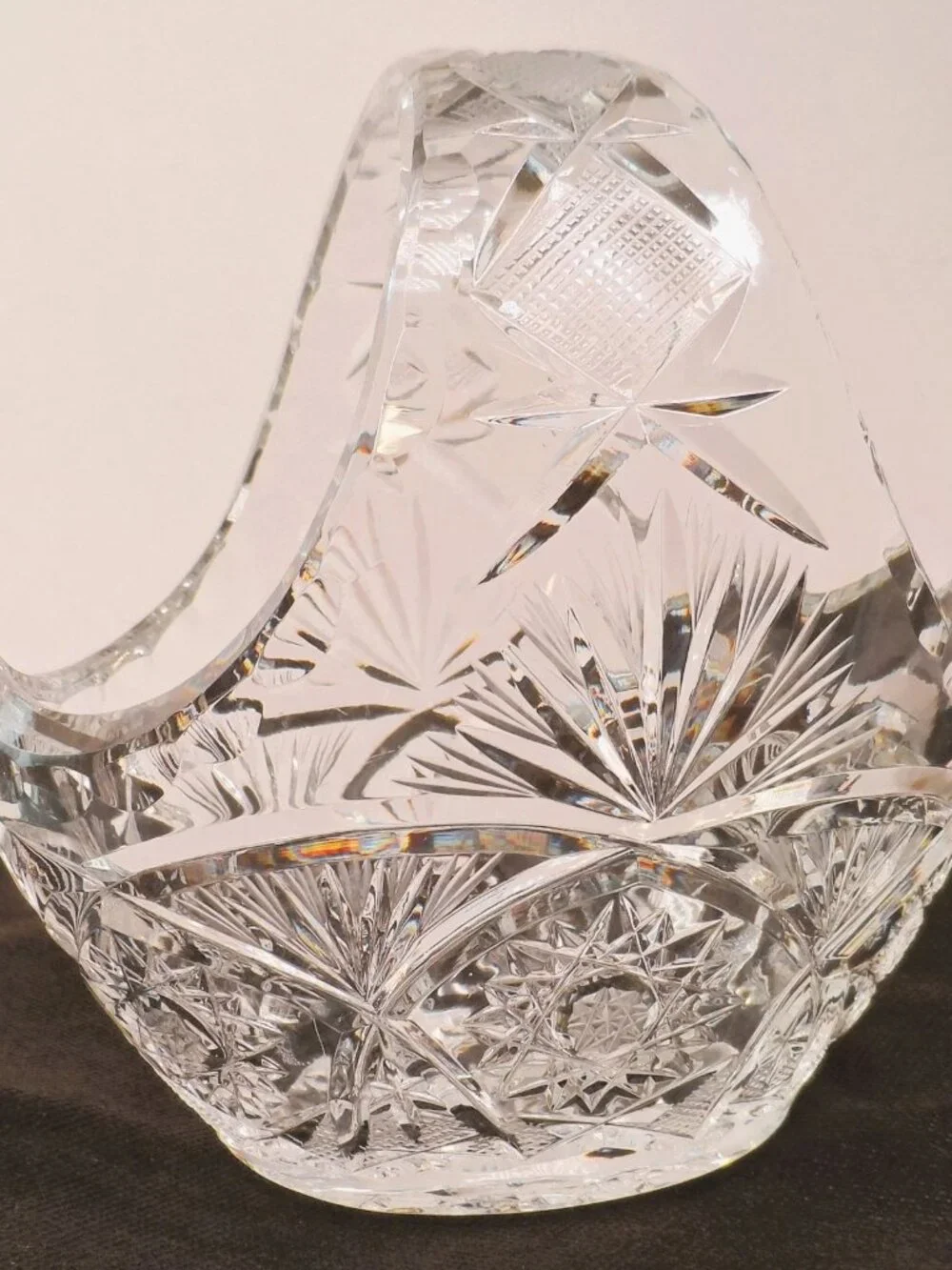 Bohemian Clear Lead Crystal Basket w/Handle Starburst Pinwheel Design 5.75